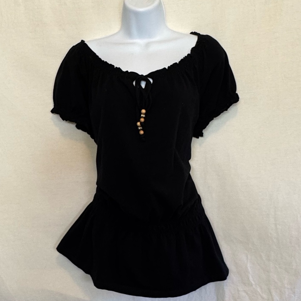 E-39 Croft & Barrow Black Short Sleeve Peplum Pullover Blouse Size L‎